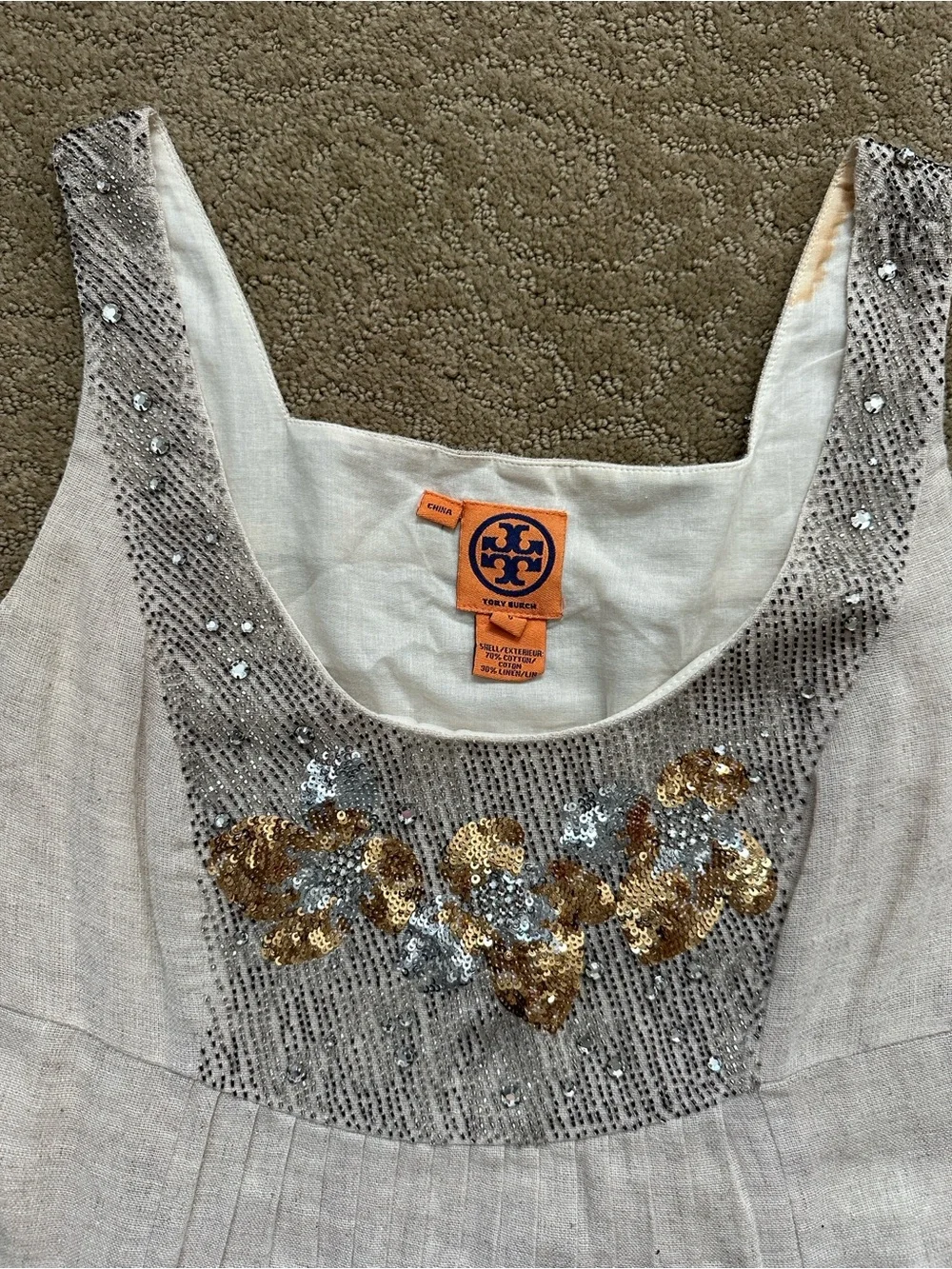 Tory Burch Cream Sleeveless Embellished Linen-Blend Dress with Gold Accents